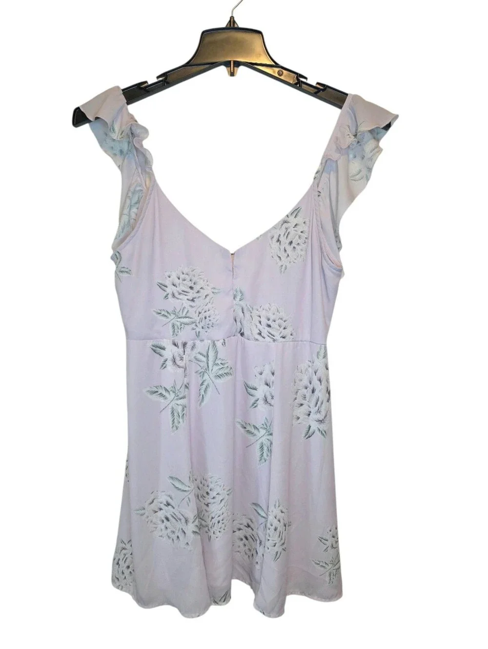Show Me Your Mumu Lilac Floral Ruffle Strap Mini Dress, Small